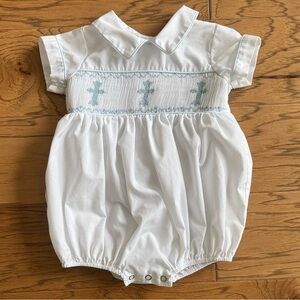 Lulu Bebe White Bubble with Smocked Light Blue Crosses